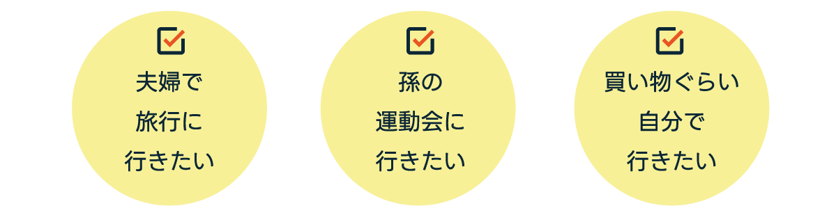 夫婦で旅行に行きたい 孫の運動会に行きたい 買い物ぐらい自分で行きたい