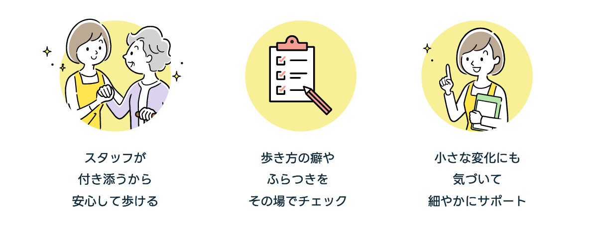 スタッフが付き添うから安心して歩ける。歩き方の癖やふらつきをその場でチェック。小さな変化にも気づいて細やかにサポート