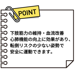 下肢筋力の維持・血流改善心肺機能の向上に効果があり、転倒リスクの少ない姿勢で 安全に運動できます。